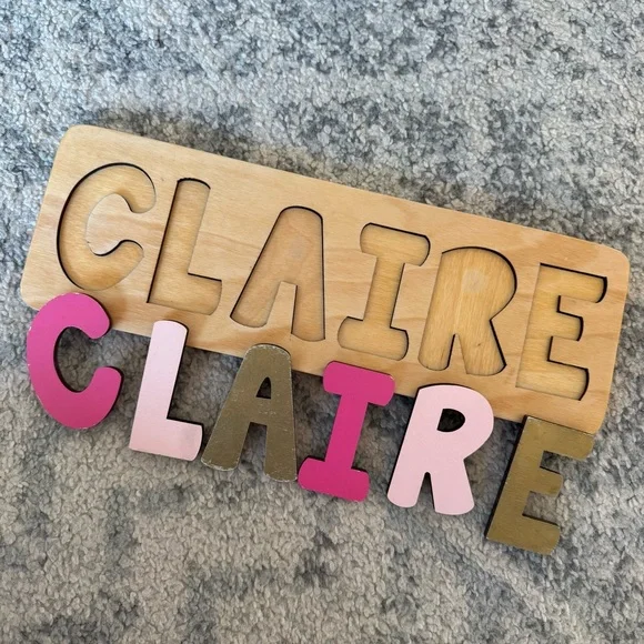 Personalized Pink and Gold Name Puzzle Claire hot pink, light pink, gold, wooden - Picture 2 of 3